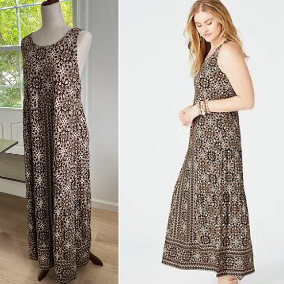 J. Jill Dresses & Skirts - J. Jill Kona Brown/Pink Kaleidoscope Print Jersey Stretch Cross Back Maxi Dress